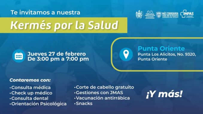 Invita IMPAS a aprovechar los servicios que ofrecerán en la “Kermés por la Salud” en Punta Oriente